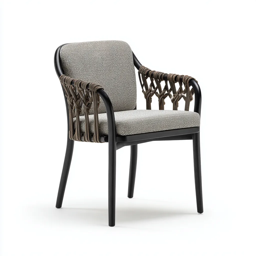 Poltrona da giardino-legno-metallo-corda-tessuto-60x58x84 cm-grigio-nero-design moderno-Comfyilo