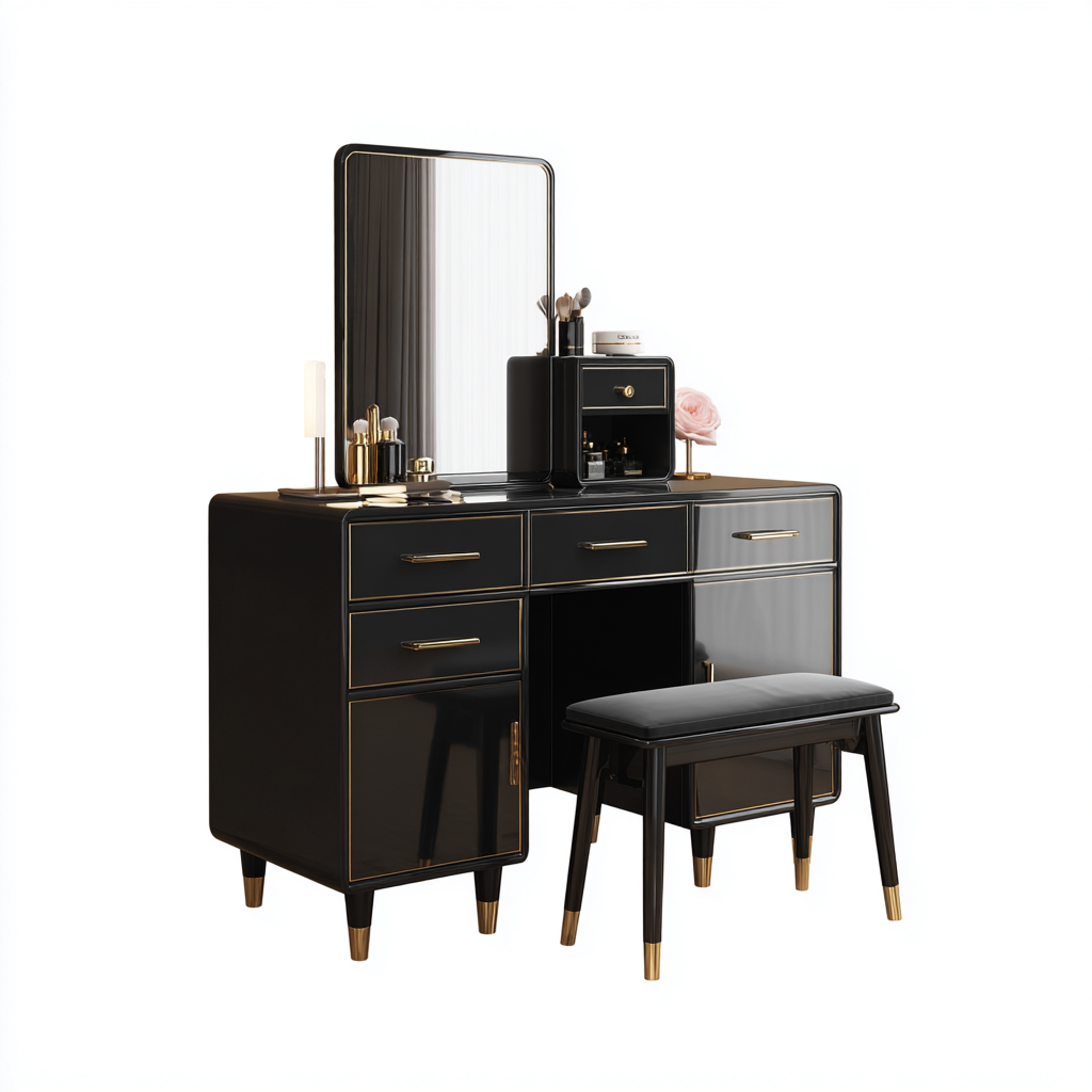 Toeletta-legno massello-pannelli laccati-tessuto-128x56x150cm-nero-oro-moderno-Comfyilo