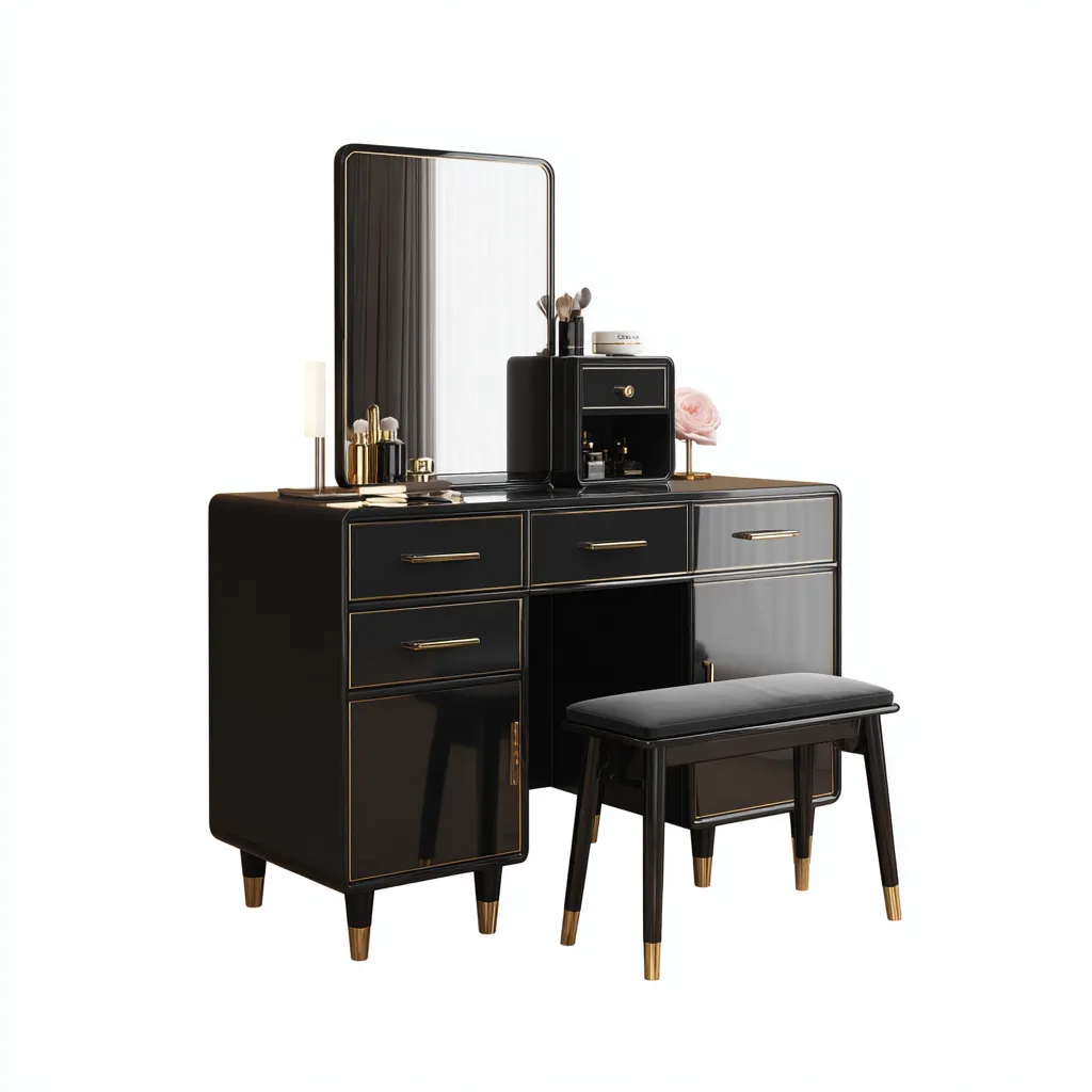 Toeletta-legno massello-pannelli laccati-tessuto-128x56x150cm-nero-oro-moderno-Comfyilo