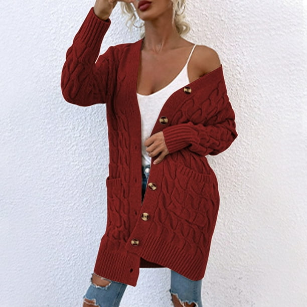 Oversized Knit Long Pocket Front Open Sweater Red