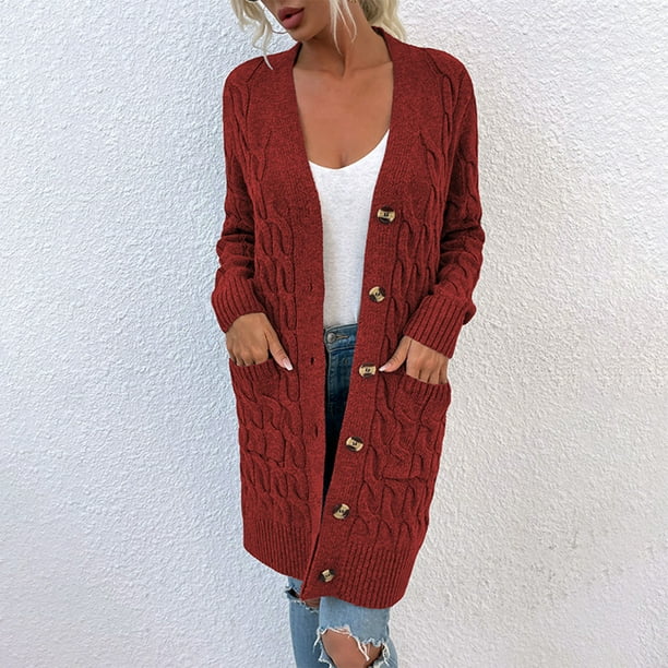 Oversized Knit Long Pocket Front Open Sweater Red