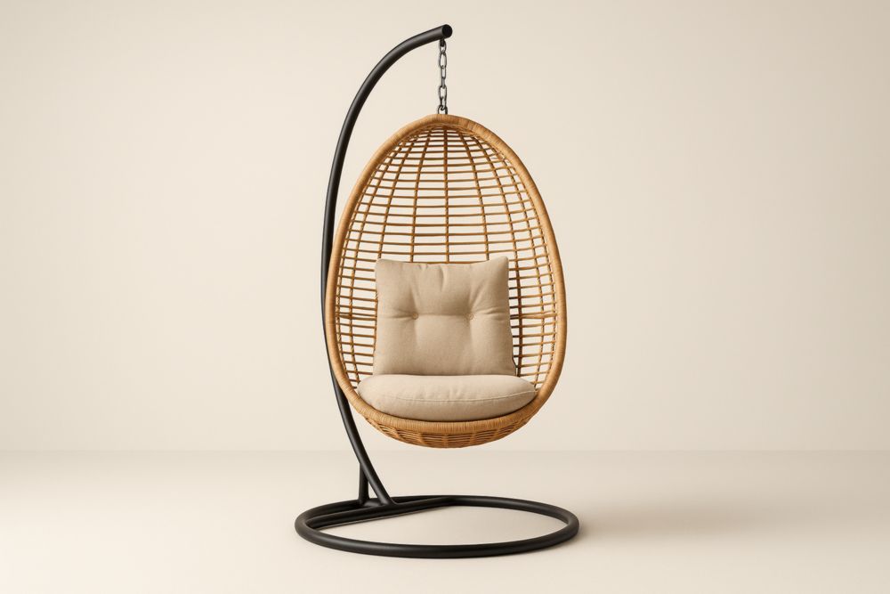 Sedia sospesa in vimini con struttura in acciaio e cuscini in tessuto