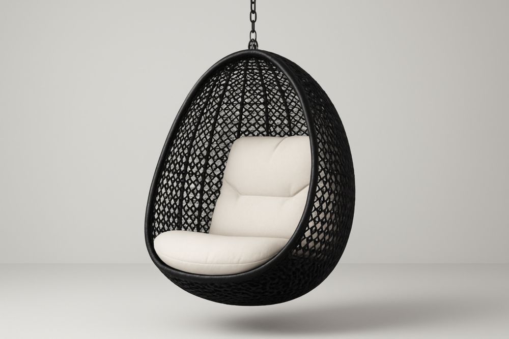 Sedia a Dondolo Sospesa a Uovo in Alluminio e Rattan Sintetico Nero con Cuscini Bianchi