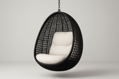 Sedia a Dondolo Sospesa a Uovo in Alluminio e Rattan Sintetico Nero con Cuscini Bianchi