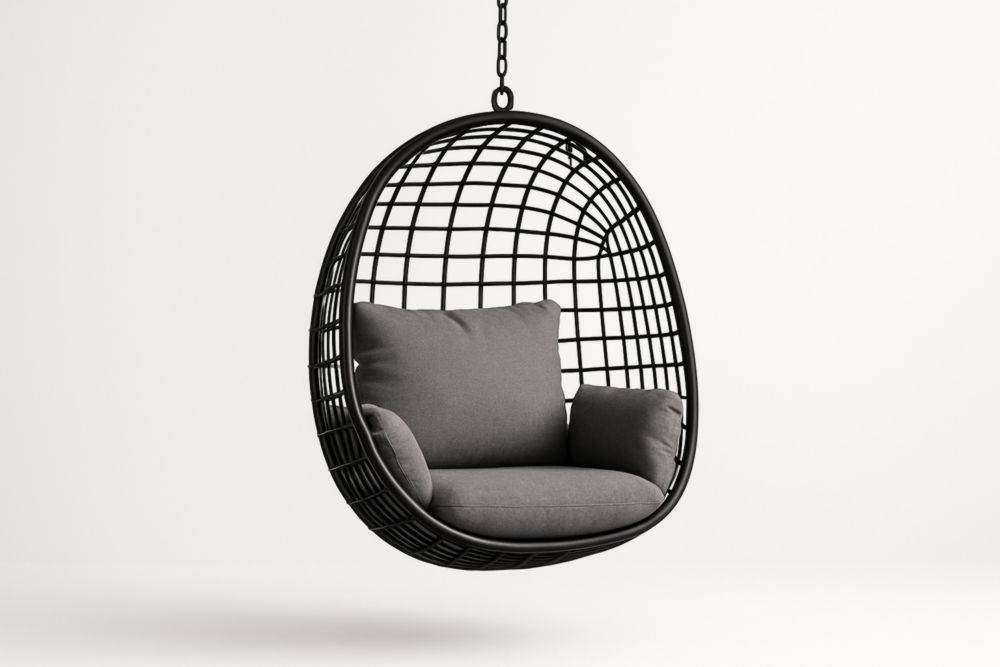 Poltrona a Dondolo Sospesa in Alluminio con Cuscini in Poliestere Nero e Grigio