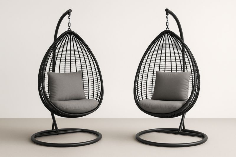 Set di Sedie Sospese in Polyrattan con Cuscini Grigio e Struttura in Metallo