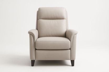 Poltrona in pelle sintetica beige con gambe in legno massello e cuscino