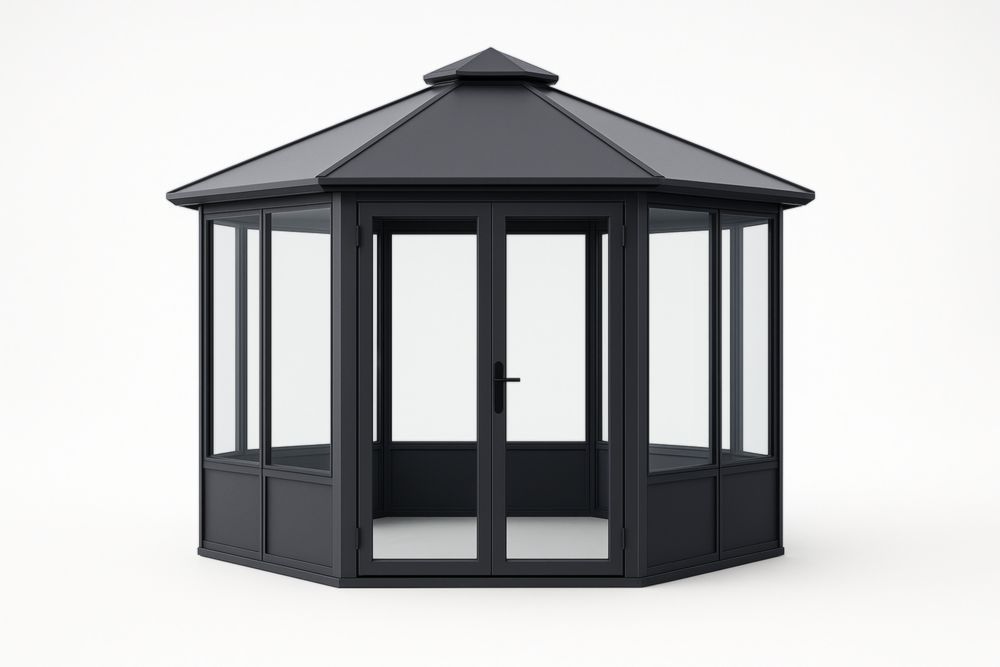 Gazebo Ottagonale in Acciaio Nero con Vetro Temperato