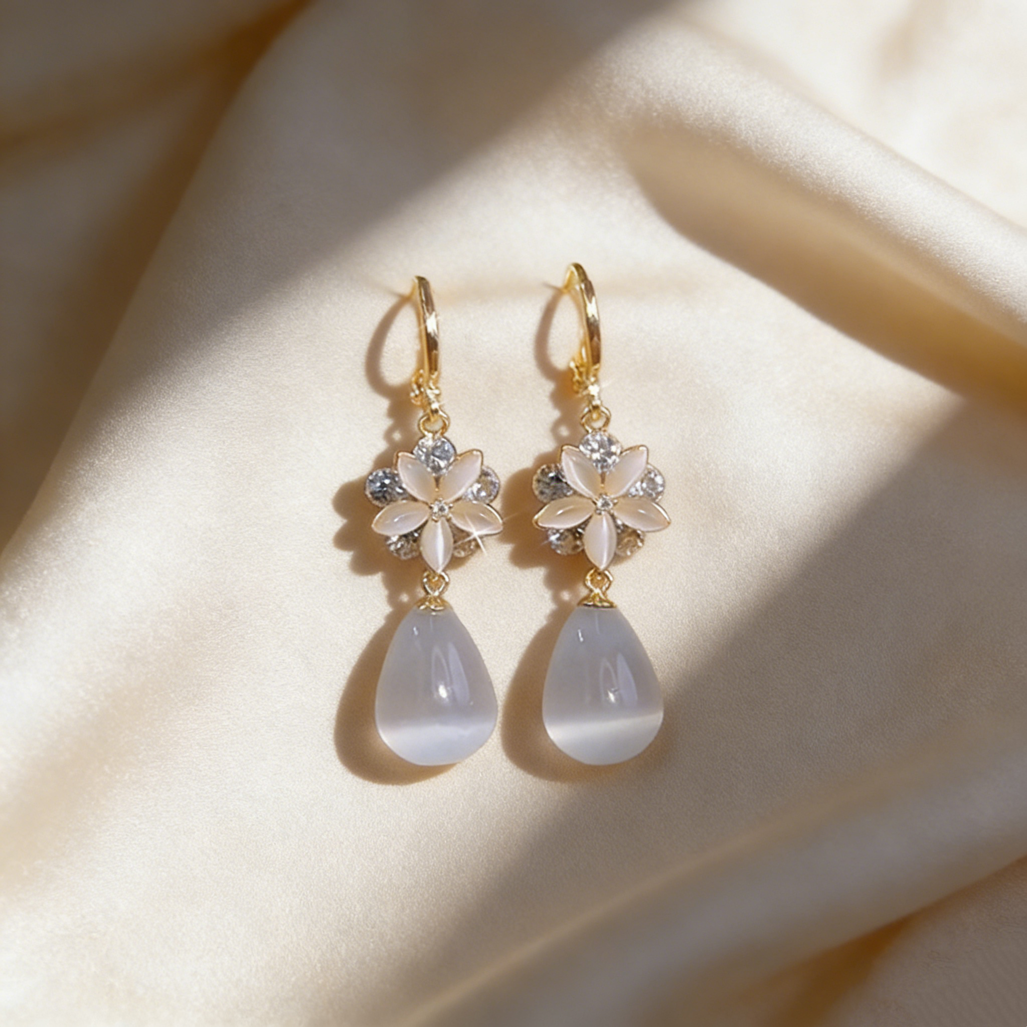 Natural Cat’s Eye Flower Drop Earrings