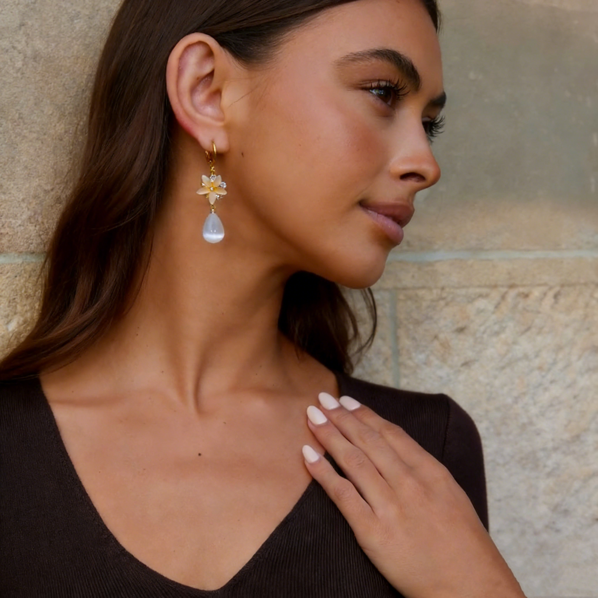 Natural Cat’s Eye Flower Drop Earrings