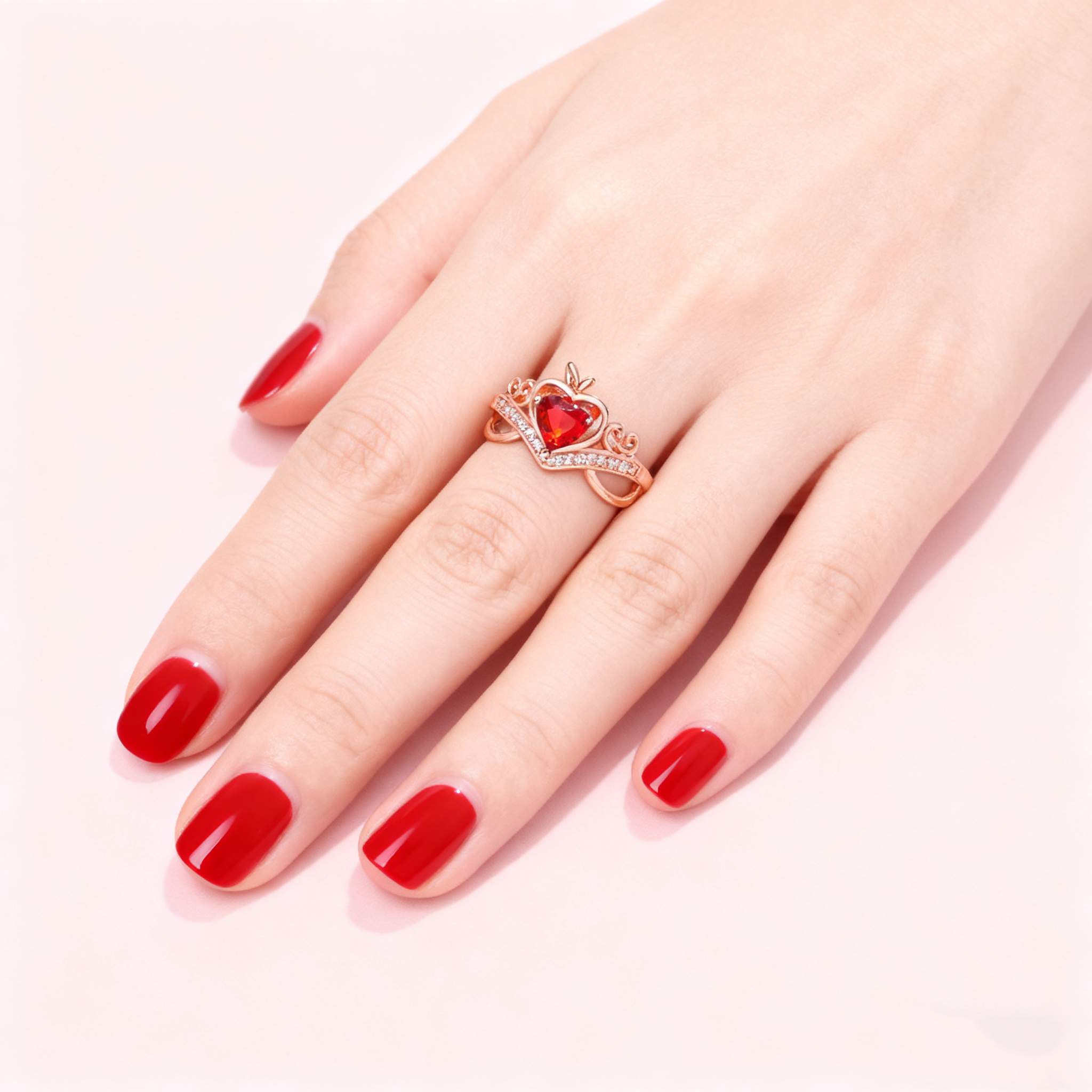 Heart-Cut Red Crystal Crown Ring