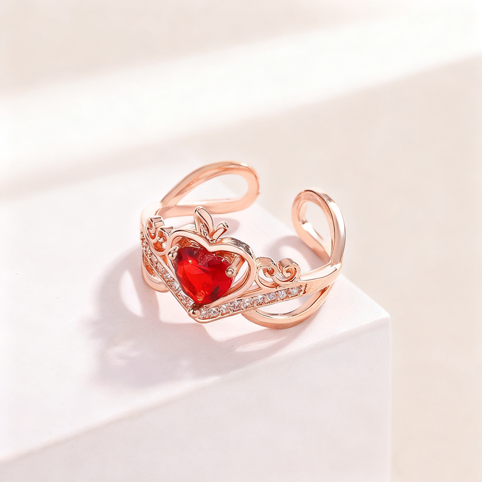 Heart-Cut Red Crystal Crown Ring