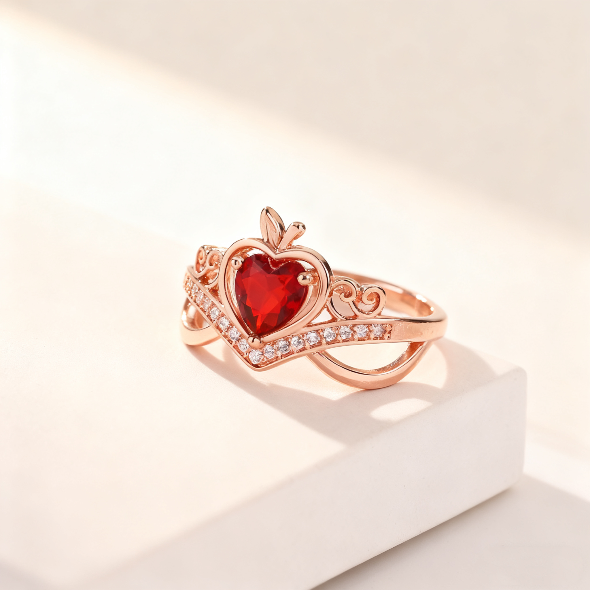 Heart-Cut Red Crystal Crown Ring