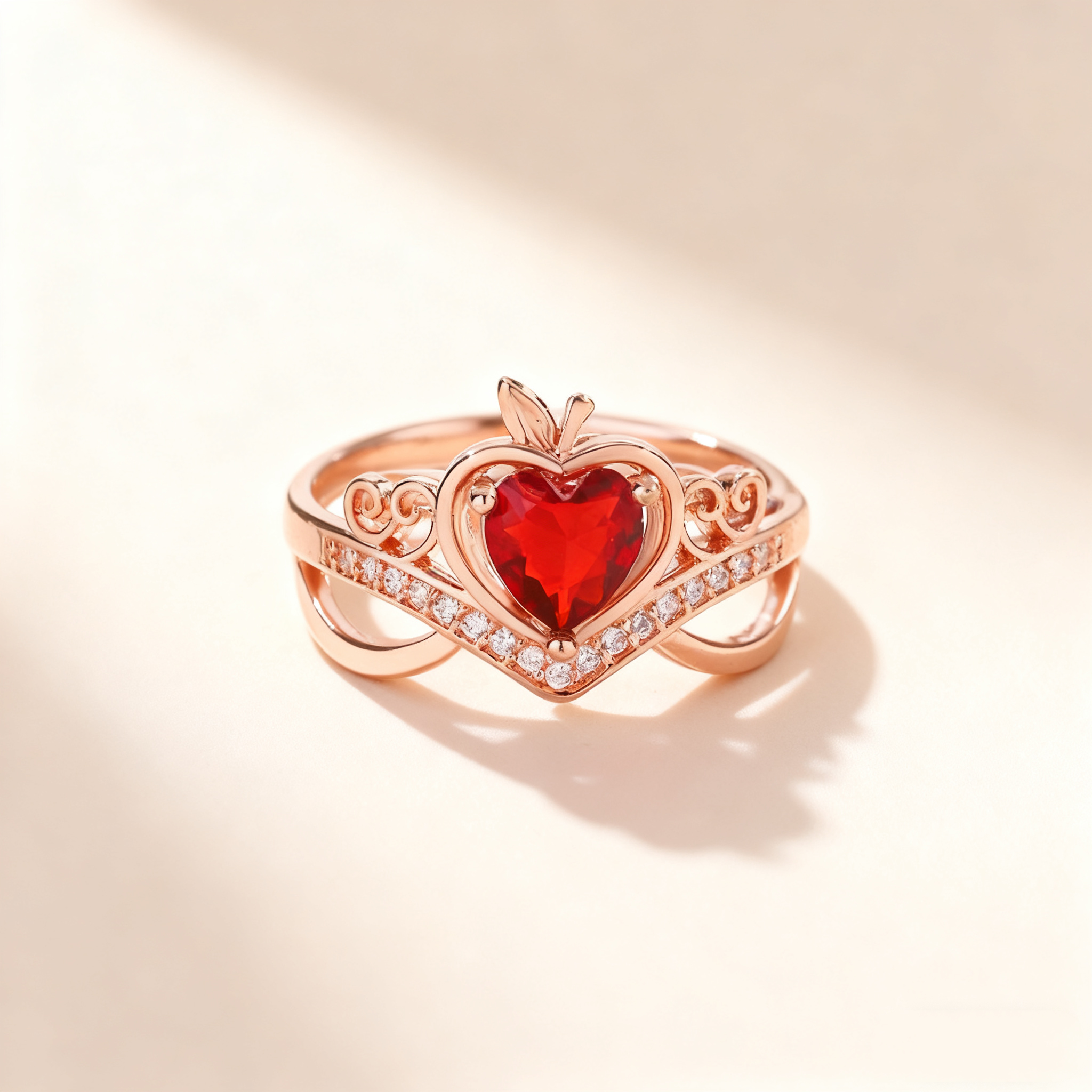 Heart-Cut Red Crystal Crown Ring
