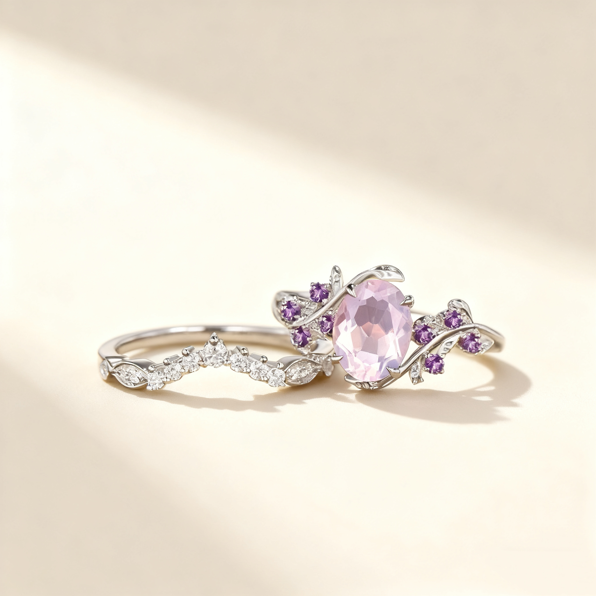 Amethyst Floral Pavé Ring Set
