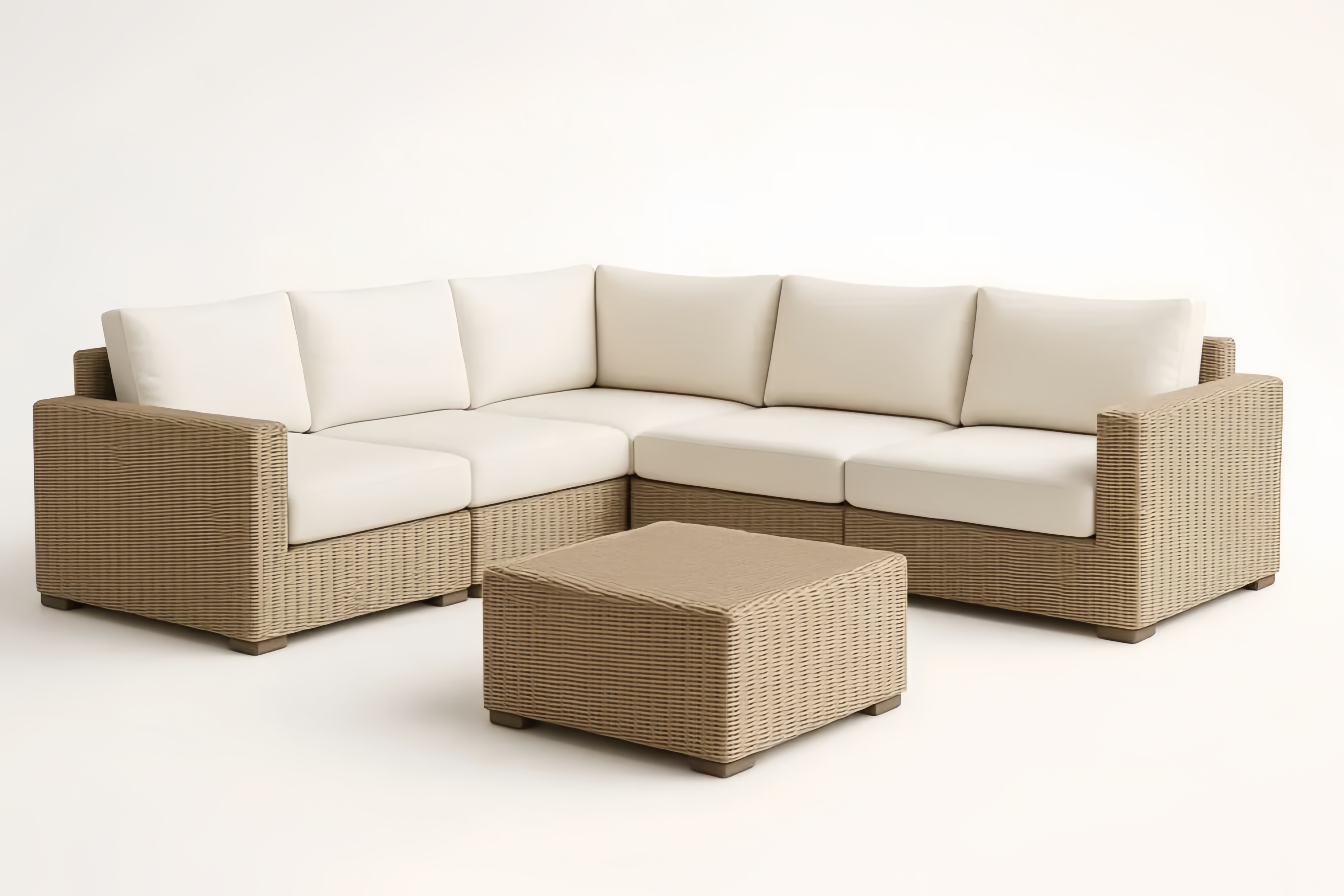 Divano Angolare da Esterno in Rattan Sintetico Marrone con Cuscini in Tessuto Crema