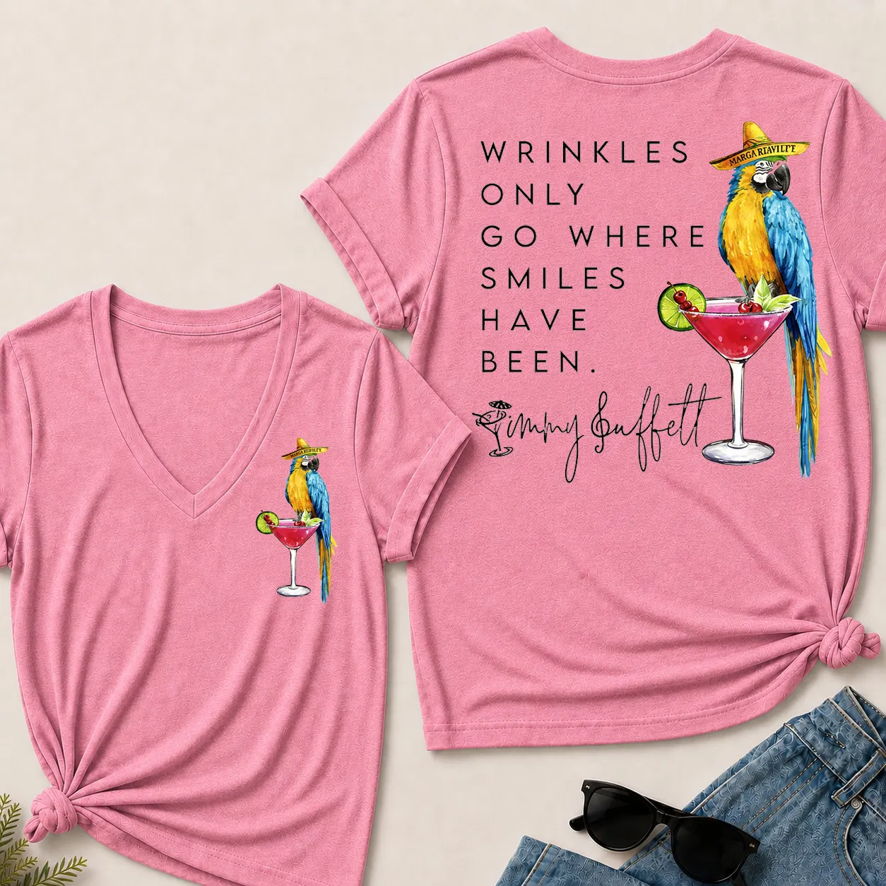 💃Wrinkles Only Go Where Smiles Have Been – Jimmy Buffett Tribute V-Neck Tee🥰