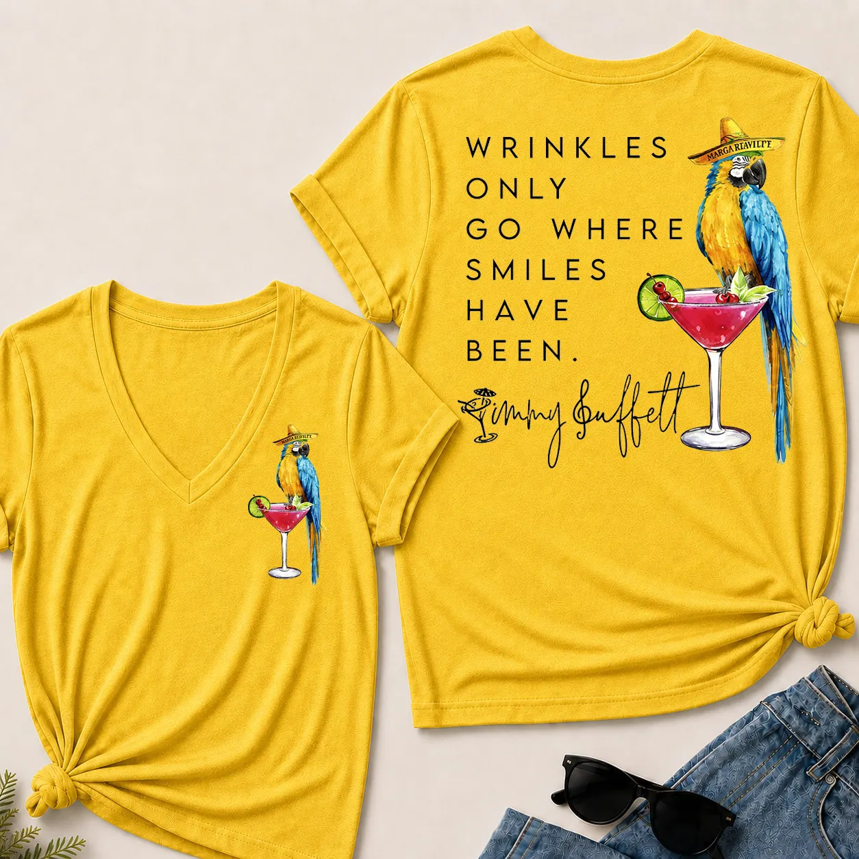 💃Wrinkles Only Go Where Smiles Have Been – Jimmy Buffett Tribute V-Neck Tee🥰