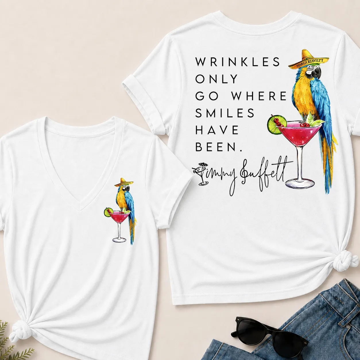 Wrinkles Only Go Where Smiles Have Been – Jimmy Buffett Tribute V-Neck Tee