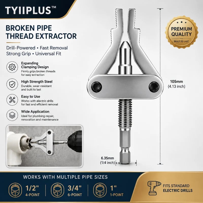 🔧Drill-Powered Broken Pipe Thread Extractor – Universal 1/2", 3/4" & 1" Broken Pipe Nipple Remover Tool