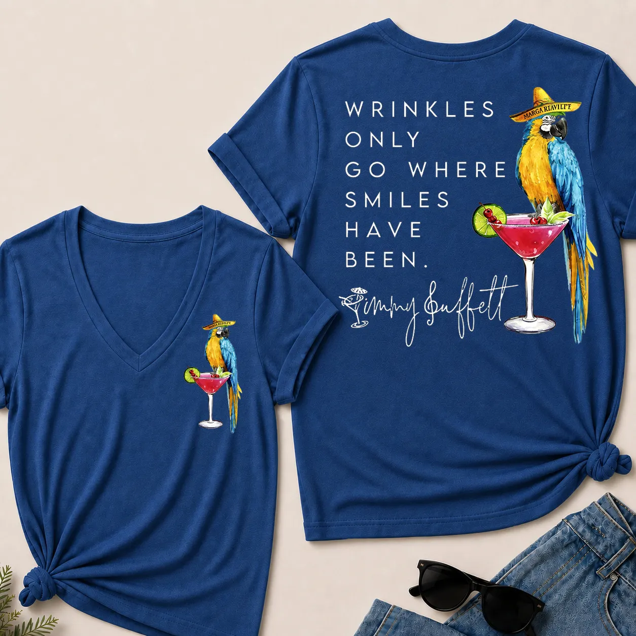 💃Wrinkles Only Go Where Smiles Have Been – Jimmy Buffett Tribute V-Neck Tee🥰