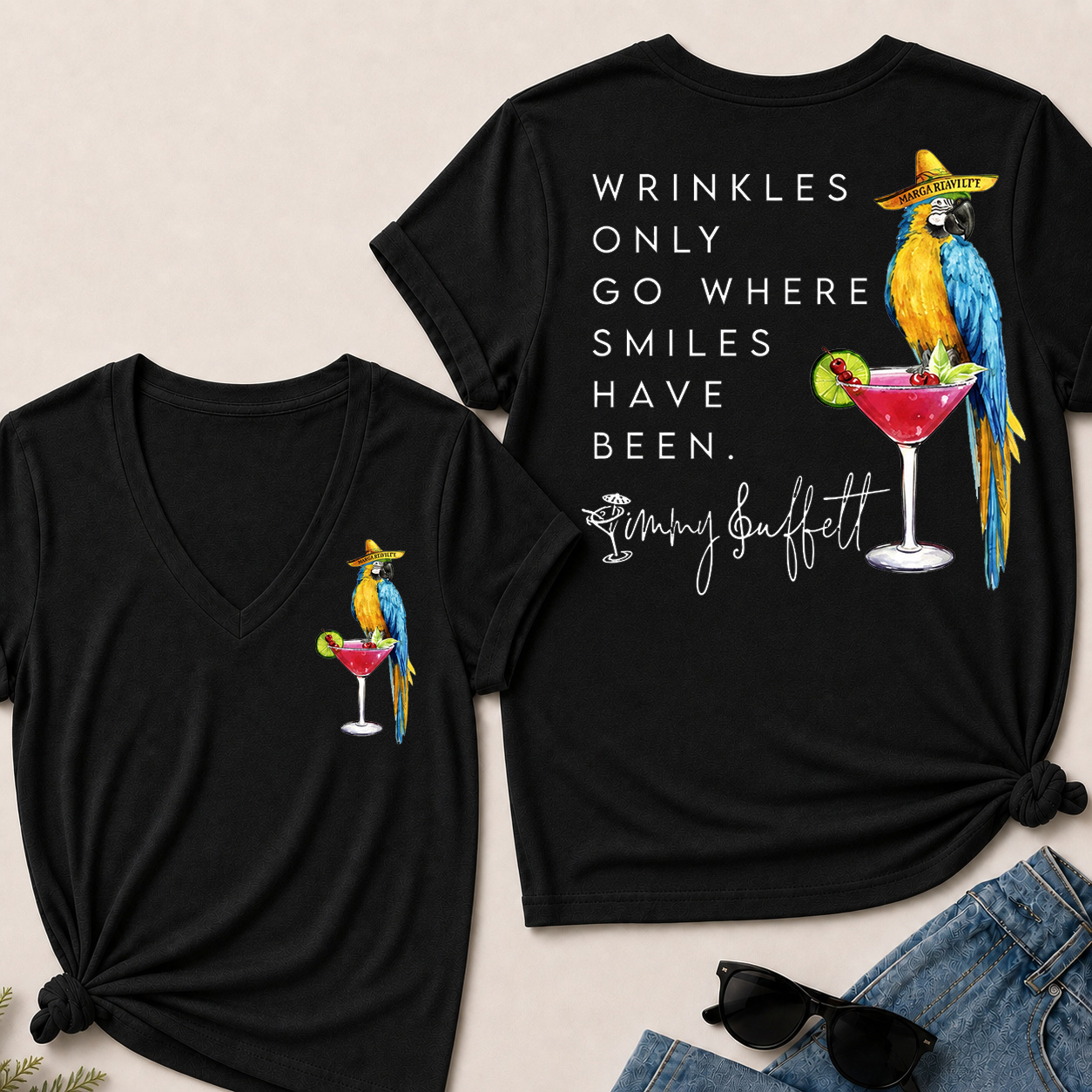 💃Wrinkles Only Go Where Smiles Have Been – Jimmy Buffett Tribute V-Neck Tee🥰