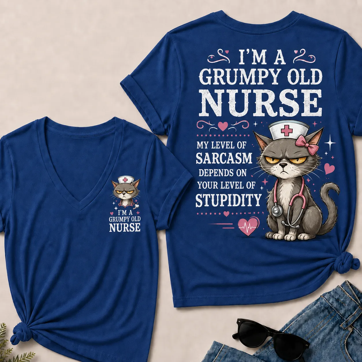 Grumpy Old Nurse  Sarcasm Level Depends on Your Stupidity V-Neck Tee