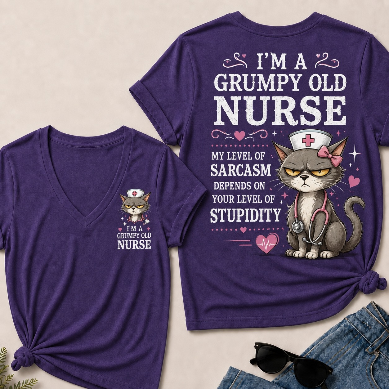 Grumpy Old Nurse  Sarcasm Level Depends on Your Stupidity V-Neck Tee