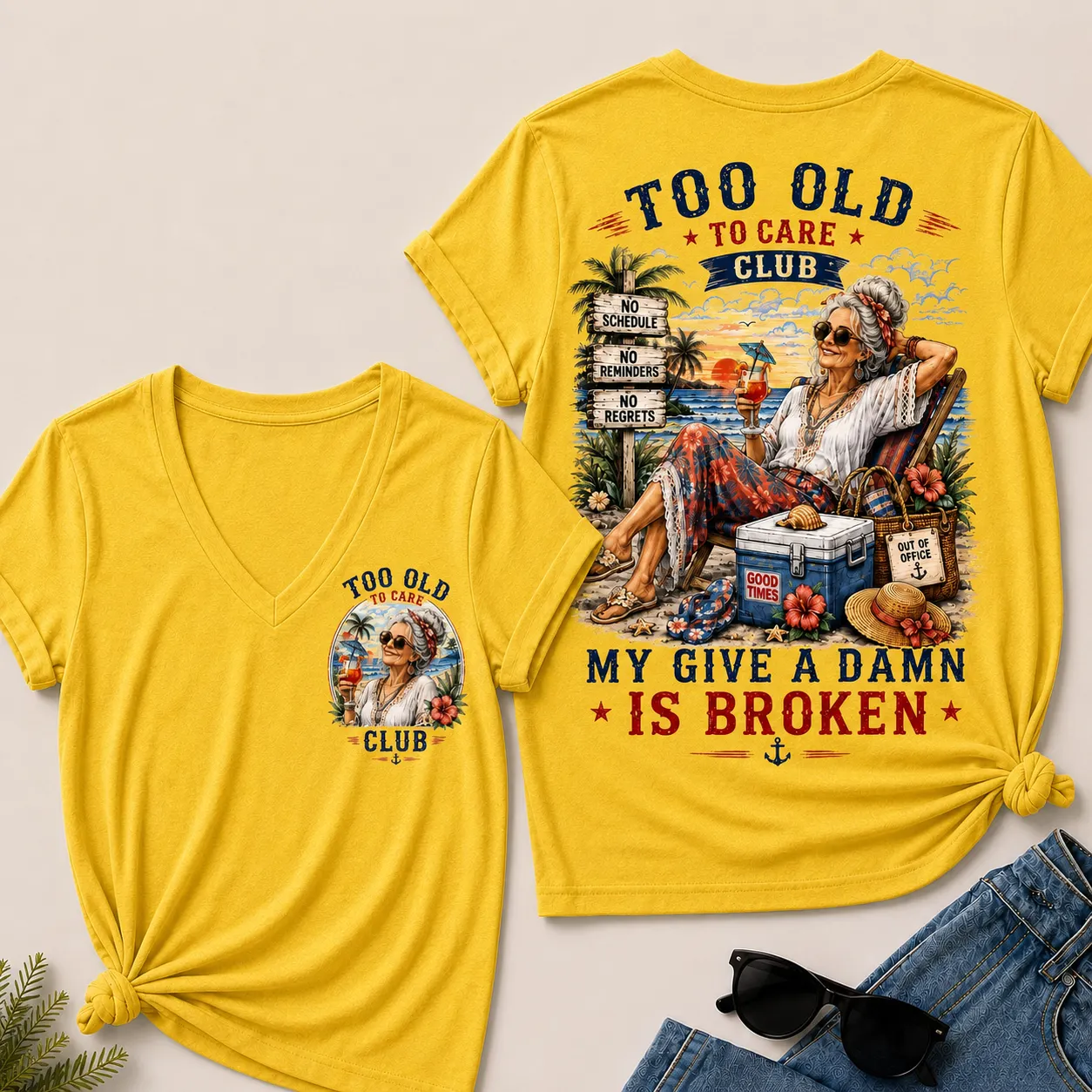 😎 Women’s “Too Old To Care Club” Funny Graphic V-Neck T-Shirt – Out Of Office Good Times Only Tee ✨