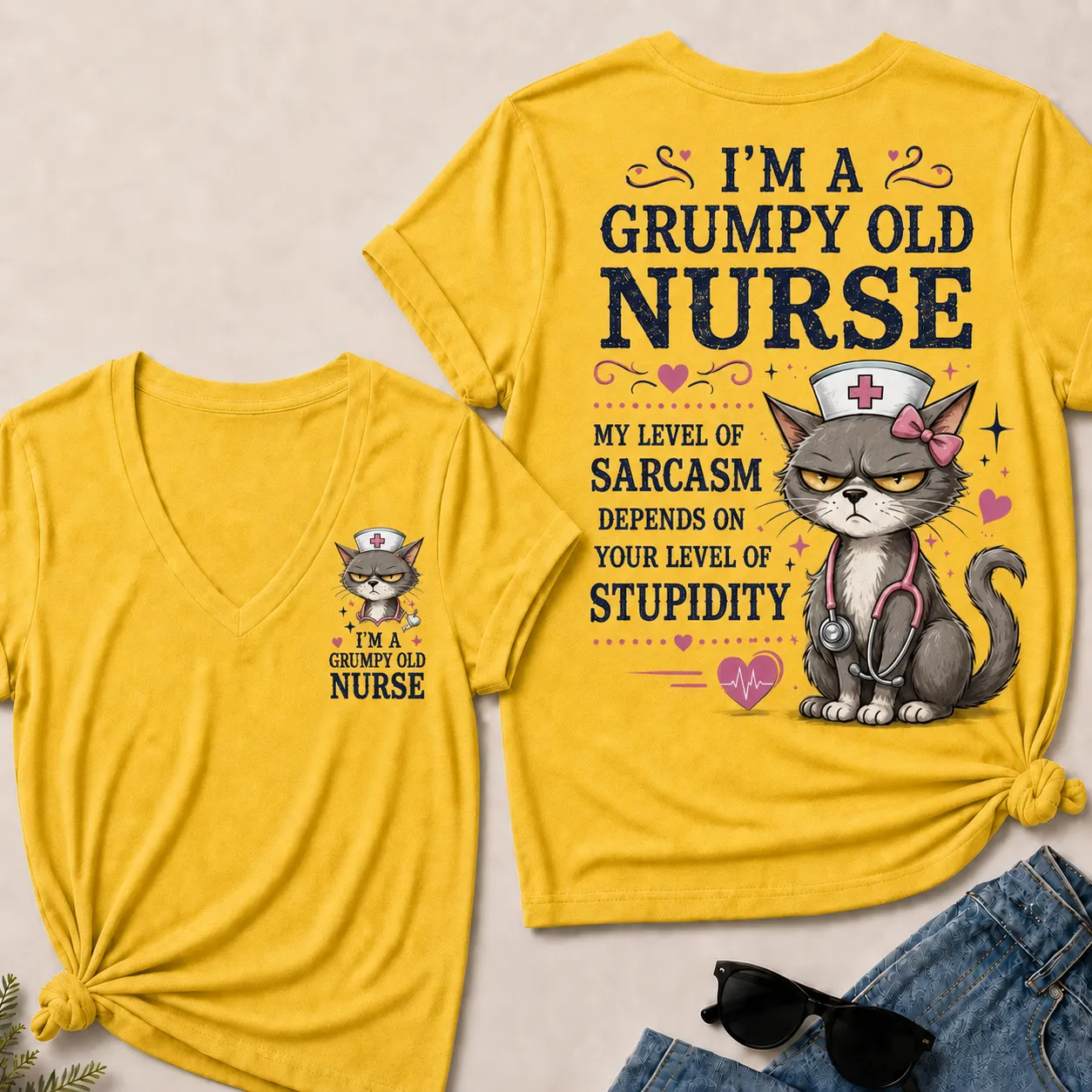 Grumpy Old Nurse  Sarcasm Level Depends on Your Stupidity V-Neck Tee