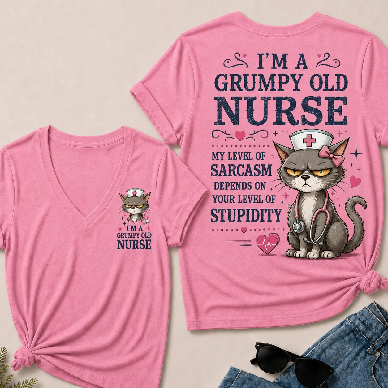 Grumpy Old Nurse  Sarcasm Level Depends on Your Stupidity V-Neck Tee
