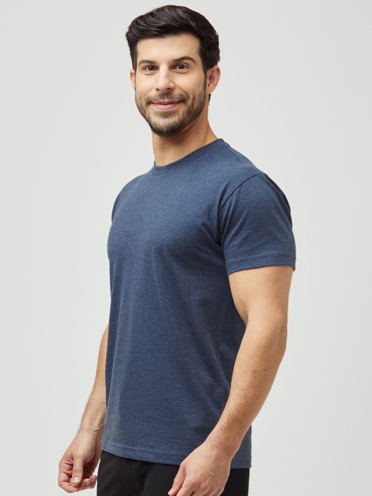 Joey is 5'7" and wears M Short # Navy Crew Neck Men's Tee | Fits EveryBODY: S-4XL in Short, Reg, Tall Sizes