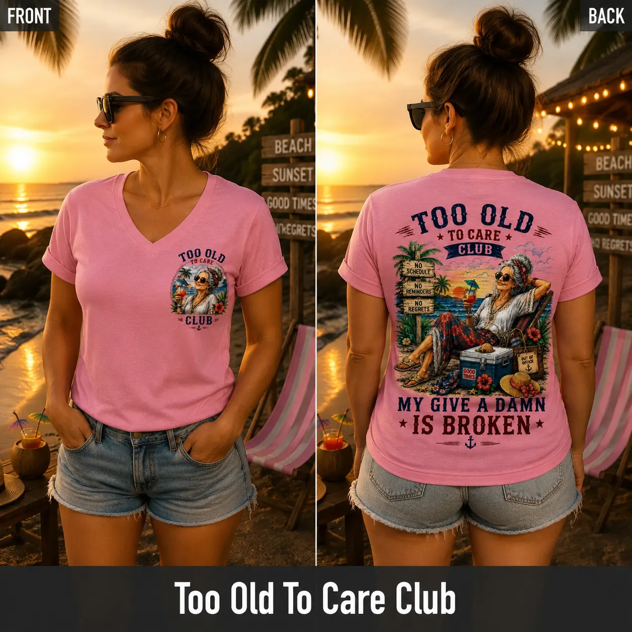 😎 Women’s “Too Old To Care Club” Funny Graphic V-Neck T-Shirt – Out Of Office Good Times Only Tee ✨