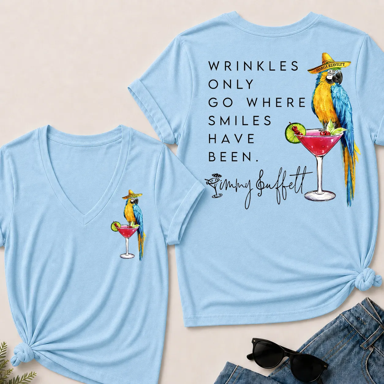💃Wrinkles Only Go Where Smiles Have Been – Jimmy Buffett Tribute V-Neck Tee🥰