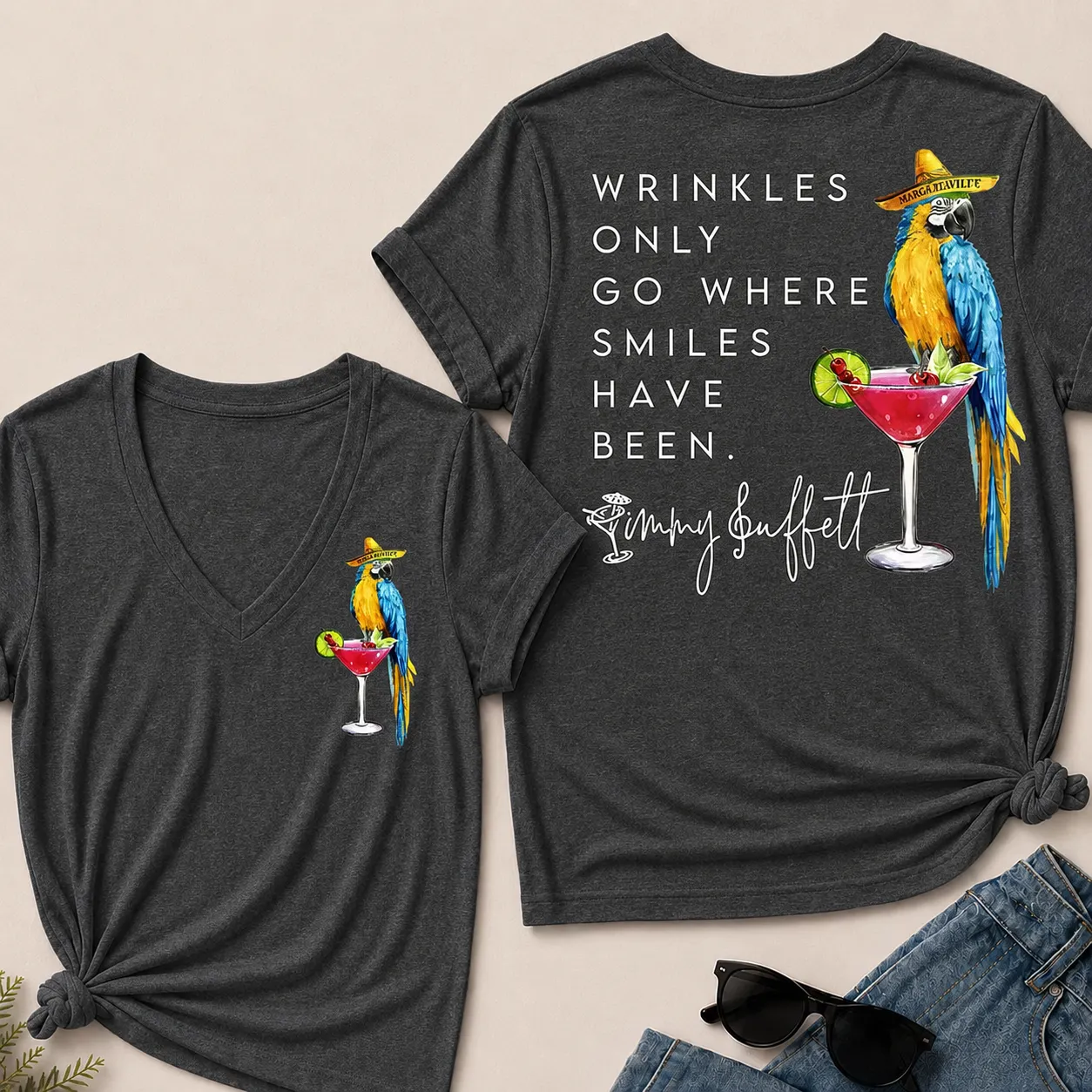 Wrinkles Only Go Where Smiles Have Been – Jimmy Buffett Tribute V-Neck Tee