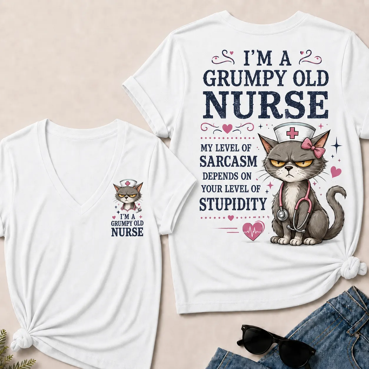 Grumpy Old Nurse  Sarcasm Level Depends on Your Stupidity V-Neck Tee