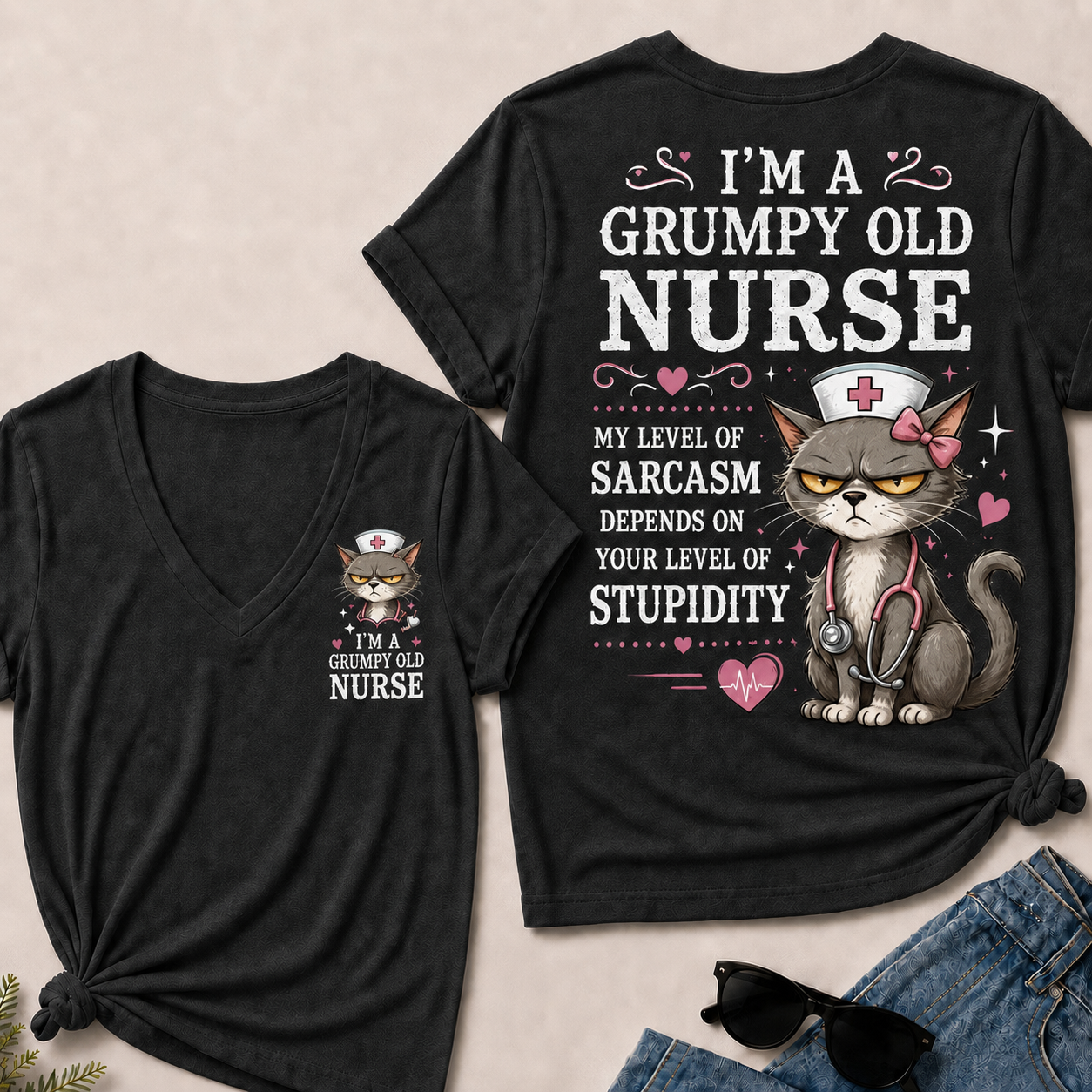 Grumpy Old Nurse  Sarcasm Level Depends on Your Stupidity V-Neck Tee