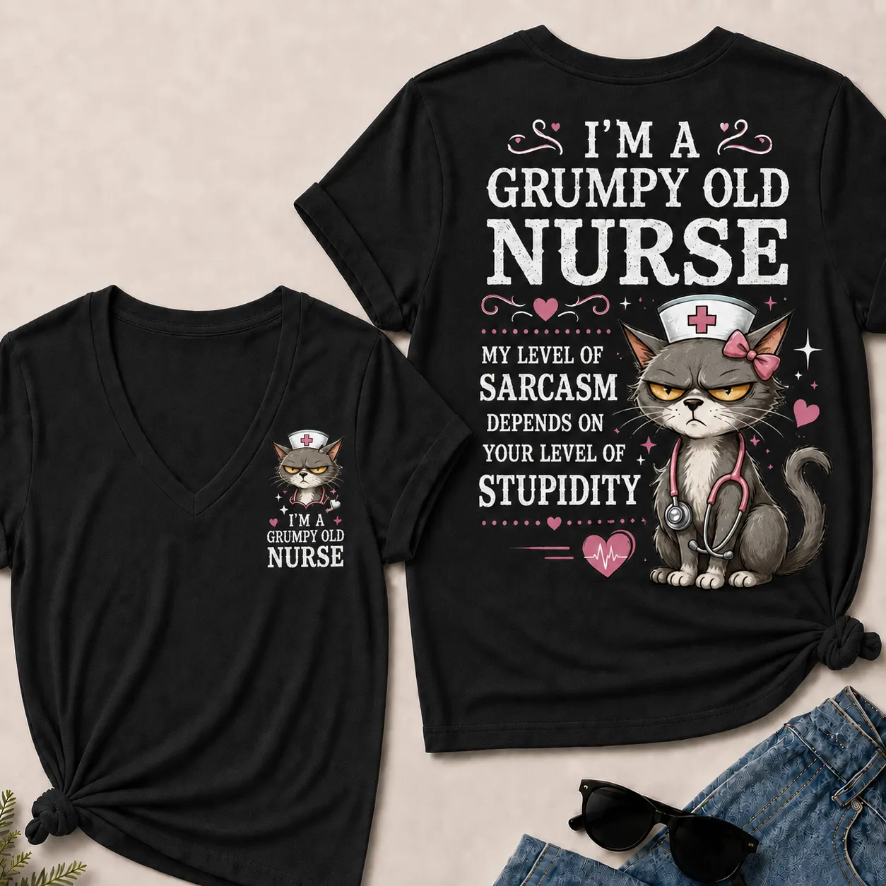 Grumpy Old Nurse  Sarcasm Level Depends on Your Stupidity V-Neck Tee