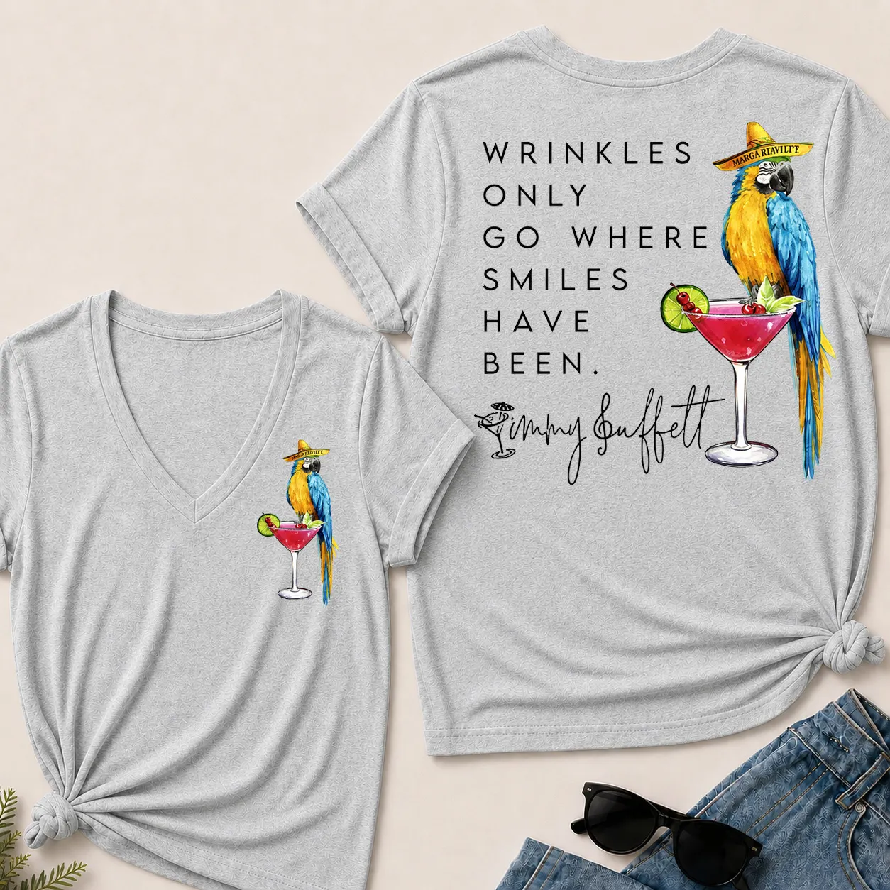 💃Wrinkles Only Go Where Smiles Have Been – Jimmy Buffett Tribute V-Neck Tee🥰