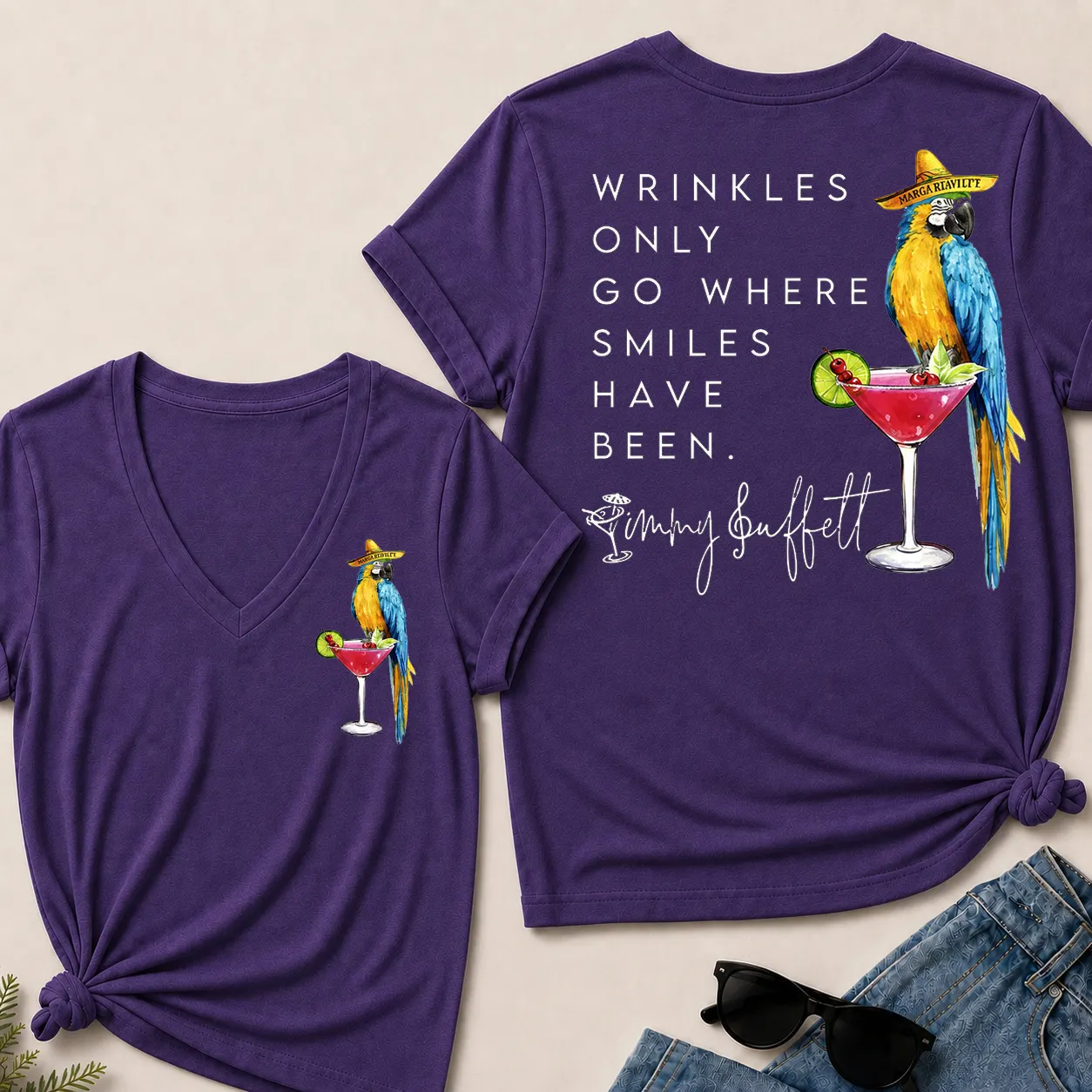 💃Wrinkles Only Go Where Smiles Have Been – Jimmy Buffett Tribute V-Neck Tee🥰