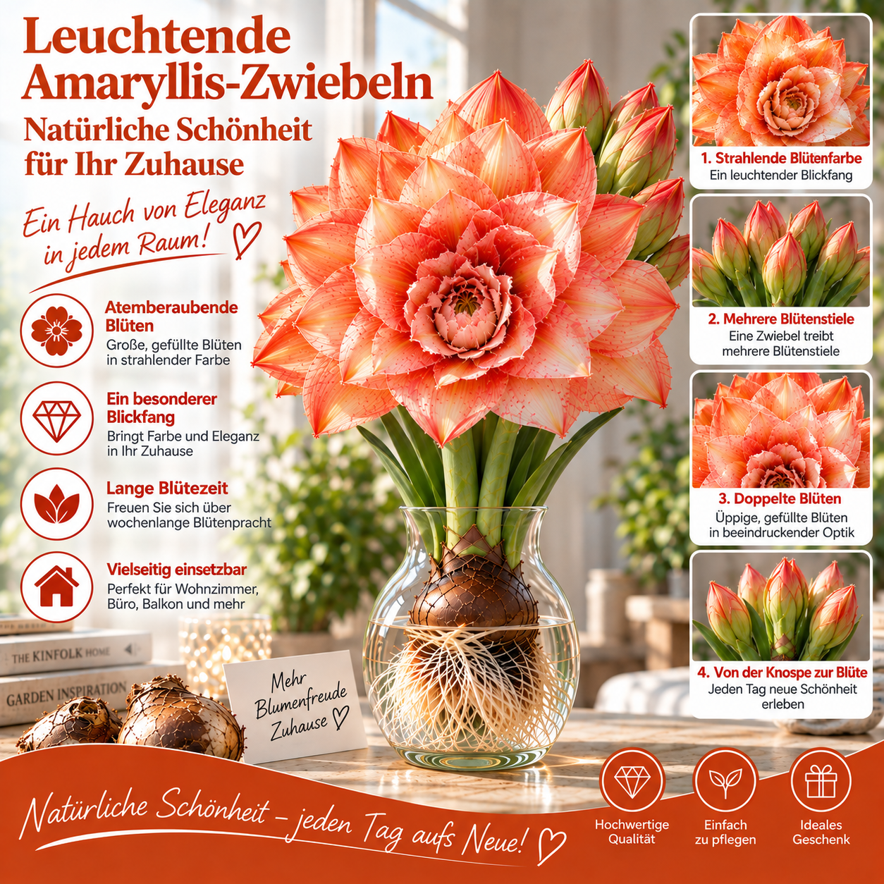 🌺 Mehrkopf-Amaryllis-Zwiebeln mit gefüllten XXL-Blüten – Für Wasser & Erde