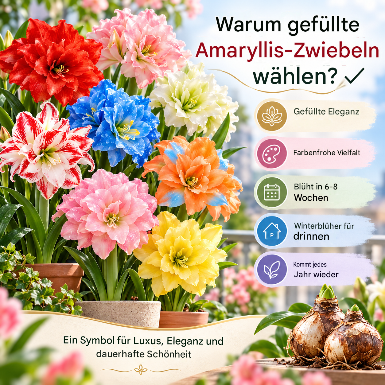 😍Amaryllis-Zwiebeln mit gefüllten Blütenblättern: Luxuriöse Blüten, intensiver Duft – verwandeln jede Jahreszeit in ein Blütenmeer!