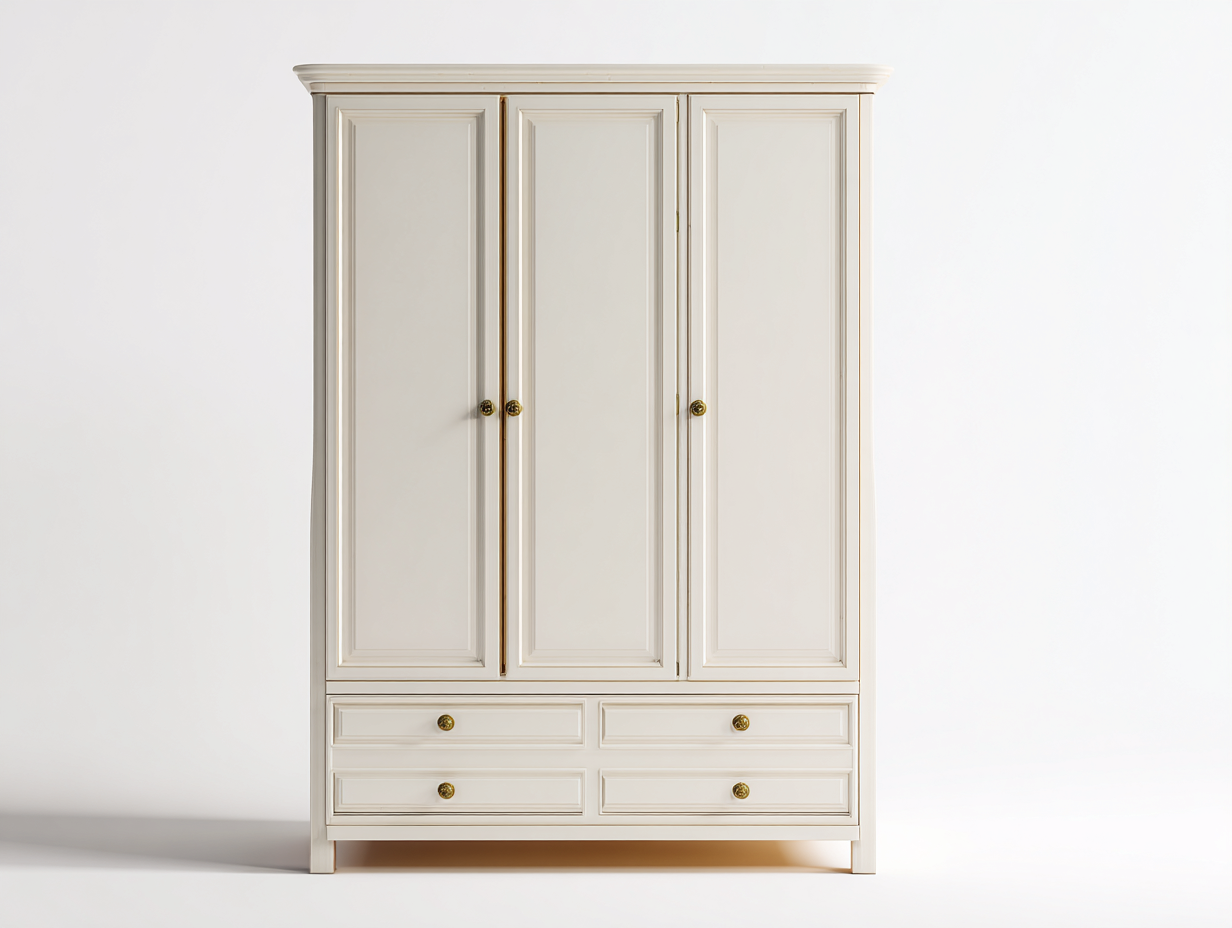 Armoire en panneaux bois 150x55x200 cm - blanc crème - pour chambre - style classique avec portes battantes et tiroirs-Cozyosa