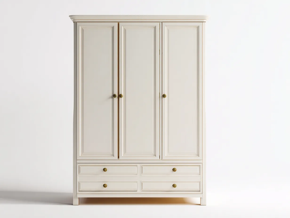 Armoire en panneaux bois 150x55x200 cm - blanc crème - pour chambre - style classique avec portes battantes et tiroirs-Cozyosa