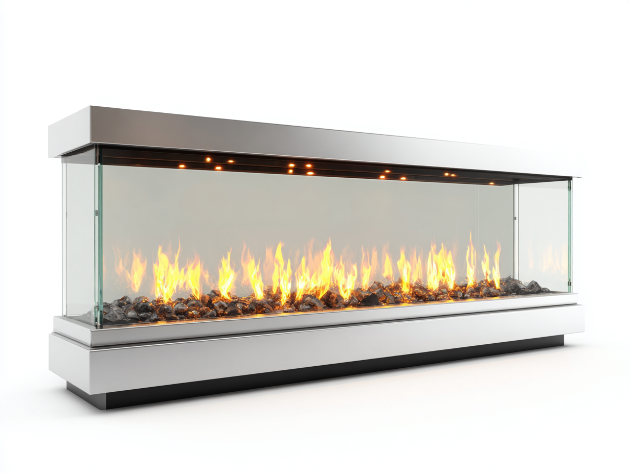 Cheminée électrique sur pied en acier inoxydable et verre 150x40x45 cm - gris/transparent - pour intérieur - design moderne avec effet flamme panoramique-Cozyosa