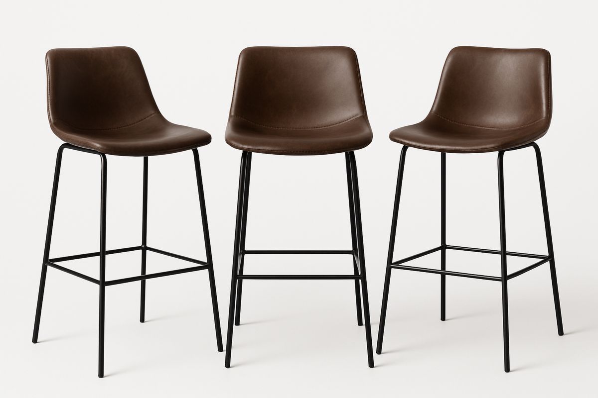 Set of 3 Faux Leather Bar Stools with Metal Frame Dark Brown-Glossnooks