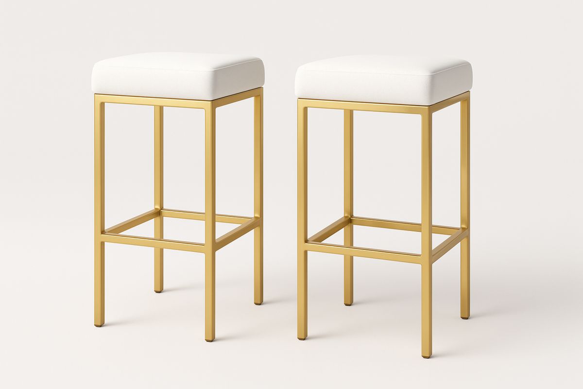 Set of 2 Gold Metal Bar Stools with White Faux Leather Seats-Glossnooks