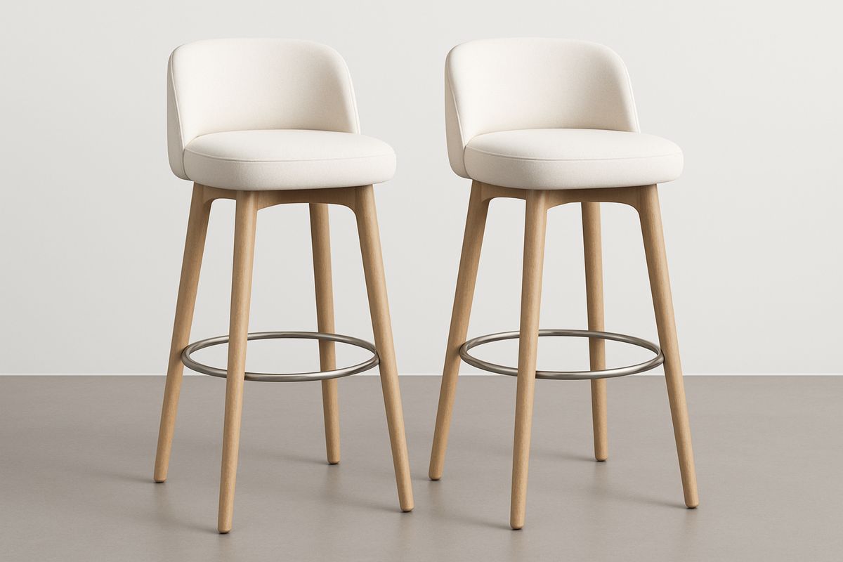 Set of 2 Bar Stools Fabric Upholstered Cushion with Oak Frame in White-Glossnooks