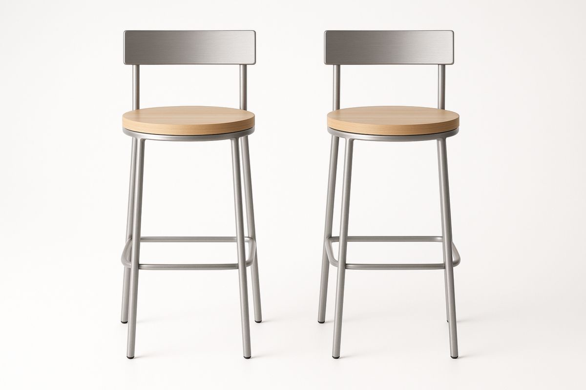 Set of 2 Metal and Wood Bar Stools with Round Seat Silver Frame Natural Wood Top-Glossnooks