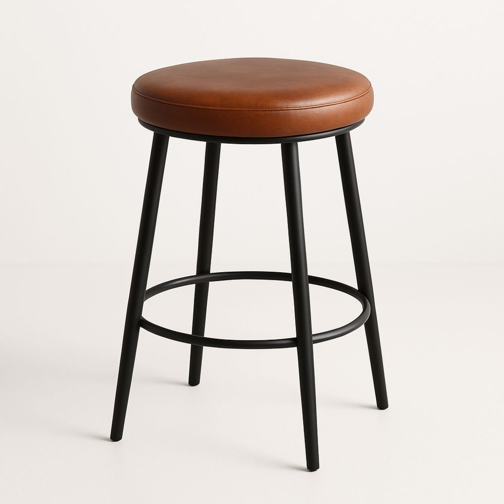 Bar Stool with Round PU Leather Seat and Black Metal Frame, 74cm, Brown-Glossnooks